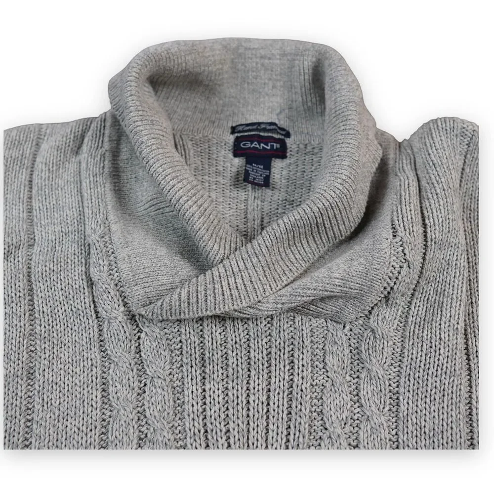GANT‎ Hand Framed Sweater Heavy Cotton Medium Gray Shawl Collar Fisherman Cable